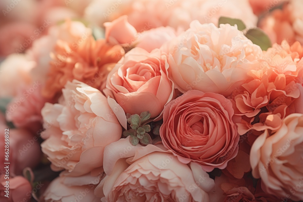 Poster a beautiful bouquet of pink flowers with vibrant green leaves. perfect for adding a touch of color a