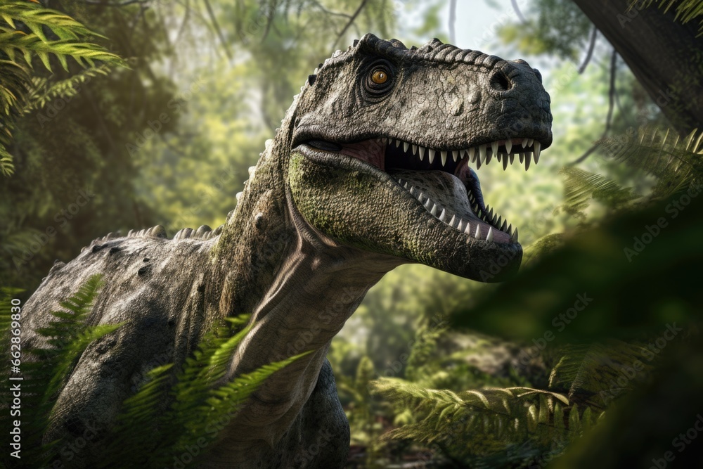 Poster a detailed view of a dinosaur in a natural forest habitat. this image can be used to depict prehisto