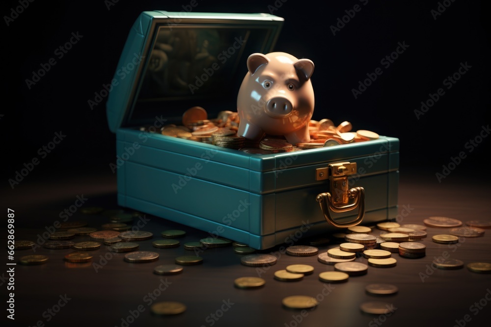 Poster a piggy bank sits inside of a blue box filled with coins. this image can be used to represent saving