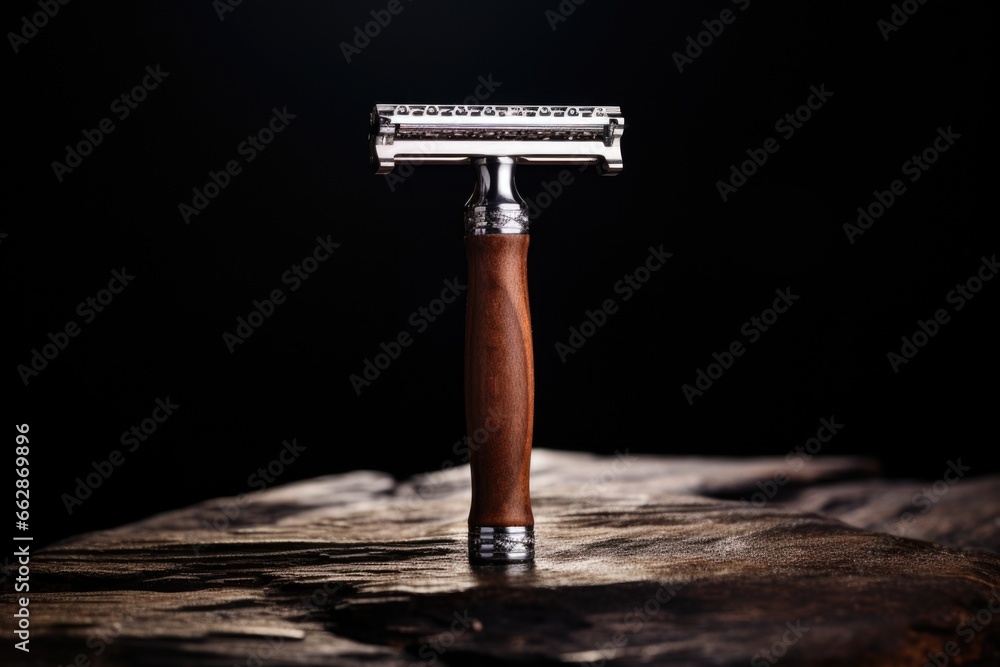 Poster A close-up view of a razor placed on a wooden table. This image can be used to depict personal grooming, shaving, or a barber's tool.