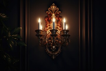 A chandelier with three lit candles illuminates a dark room. This image can be used to create a cozy and intimate atmosphere.