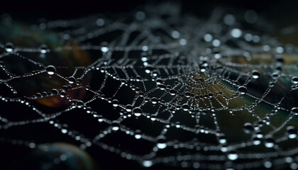 Spider web dew drop trap captures insect in close up nature generated by AI - obrazy, fototapety, plakaty