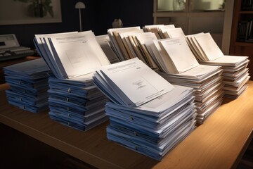 A pile of papers sitting on top of a wooden table. This image can be used for office, organization, or paperwork-related concepts.
