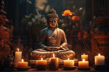 A serene Buddha statue surrounded by flickering candles and vibrant flowers. 