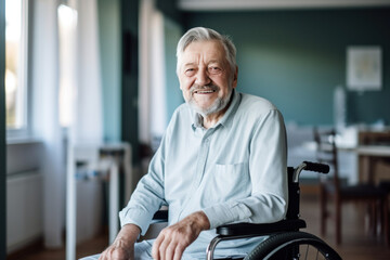 homme âgé aux cheveux blancs assise dans un fauteuil roulant, souriant et heureux