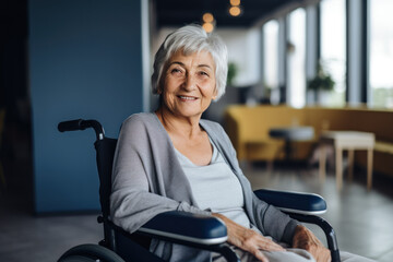 femme âgée aux cheveux blancs assise dans un fauteuil roulant, souriante et heureuse 