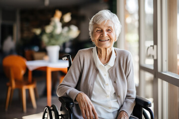 femme âgée aux cheveux blancs assise dans un fauteuil roulant, souriante et heureuse  - obrazy, fototapety, plakaty