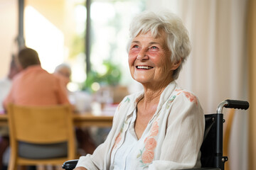 femme âgée aux cheveux blancs assise dans un fauteuil roulant, souriante et heureuse  - obrazy, fototapety, plakaty
