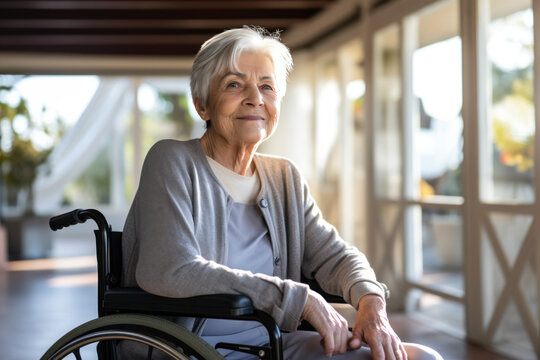 femme âgée aux cheveux blancs assise dans un fauteuil roulant, souriante et heureuse 