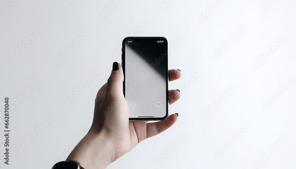 Poster hand holding smart phone, touching touch screen for text messaging generated by ai