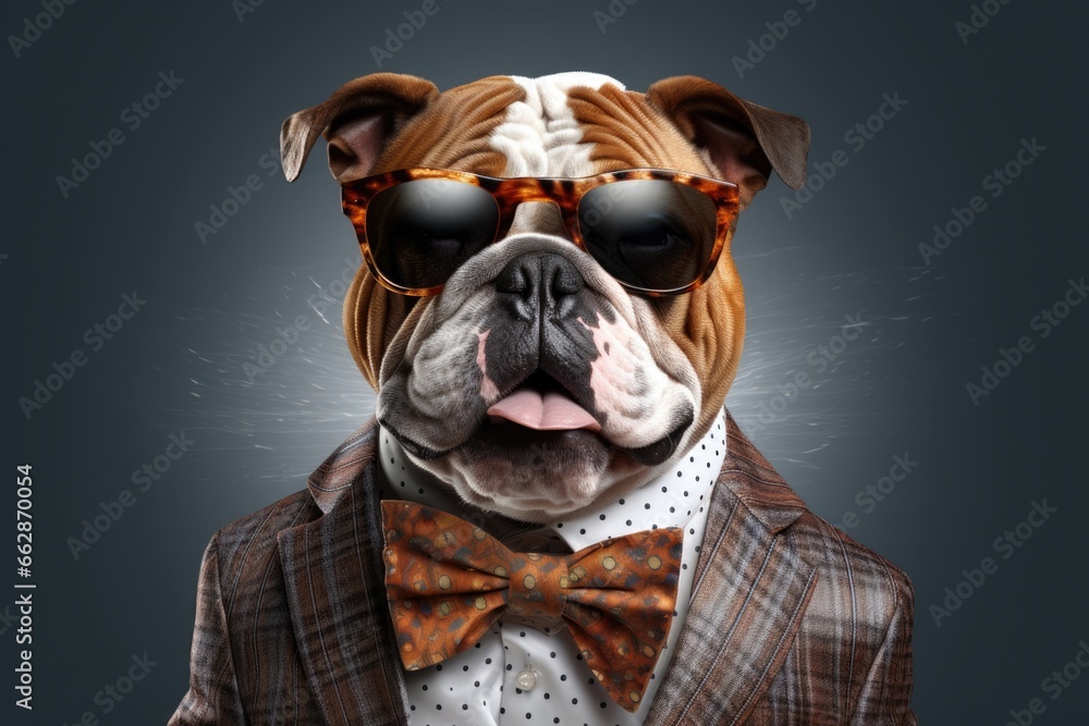 Poster a fashionable dog wearing sunglasses and a suit with a bow tie. perfect for adding a touch of sophis