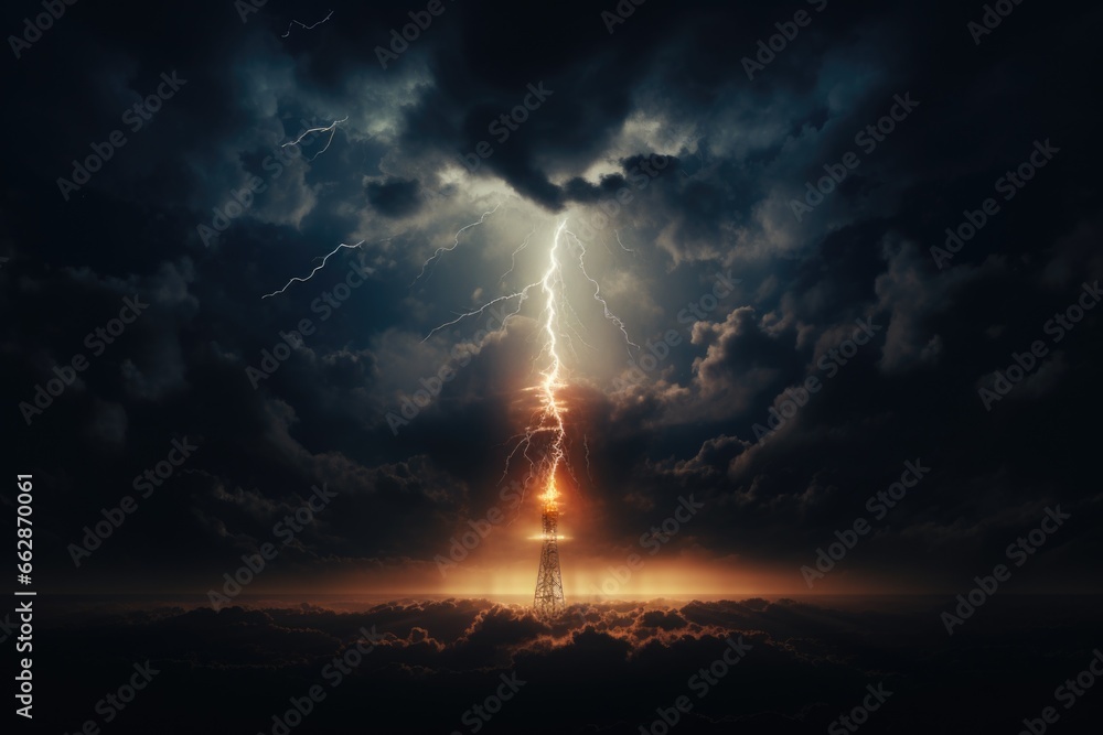 Poster a powerful lightning bolt striking through a dark sky. perfect for illustrating the intensity of a s