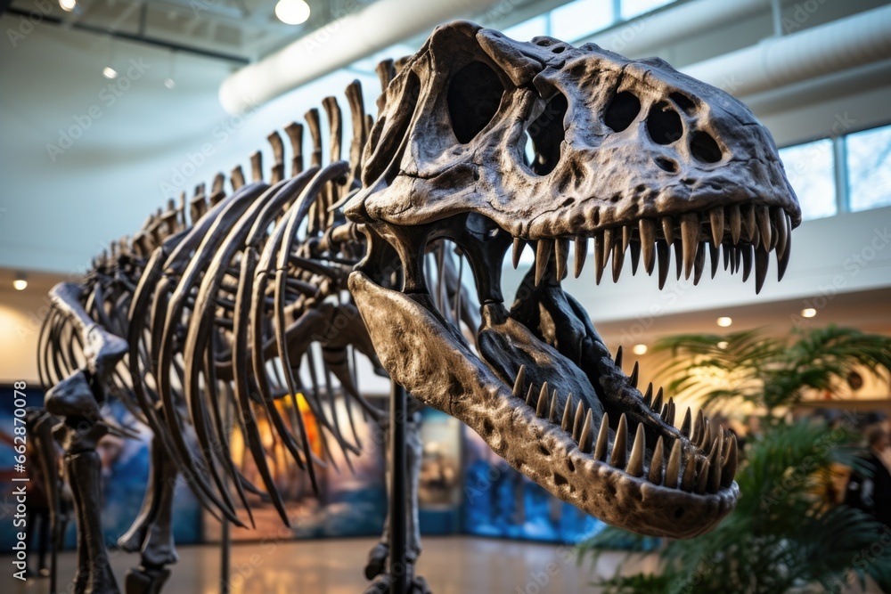 Poster A detailed view of a dinosaur skeleton on display in a museum. This image can be used to illustrate paleontology, natural history, or educational concepts.