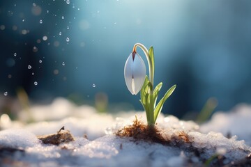 A small white flower emerges from the cold, snowy ground. 
