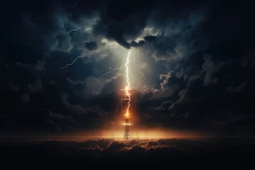 Fotobehang A powerful lightning bolt striking through a dark sky. Perfect for illustrating the intensity of a storm or representing power and energy. Suitable for various projects and designs. © Fotograf