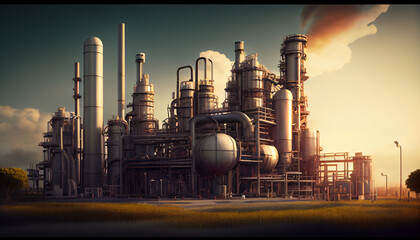 Petrochemical production, plant. Pipelines, fuel tanks and gas distillation systems. AI generated.
