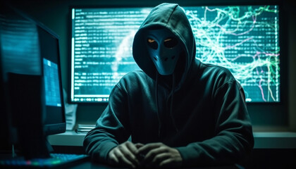 Hooded burglar using computer to commit identity theft at night generated by AI - obrazy, fototapety, plakaty