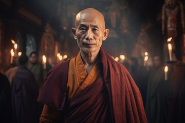 A monk standing in front of a group of people. This image can be used to represent spiritual leadership, guidance, or a religious gathering.