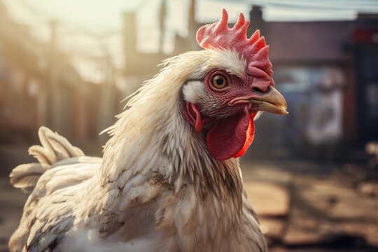 A detailed view of a chicken with a vibrant red comb. This image can be used to depict farm animals, poultry, or nature.