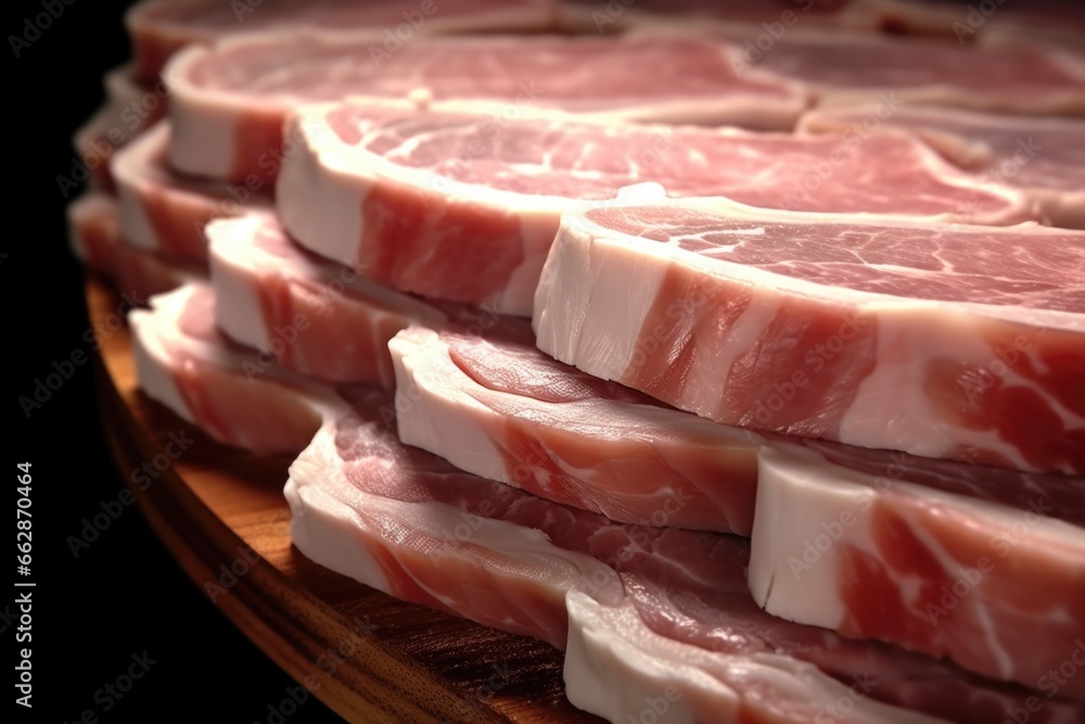 Poster a pile of raw meat sitting on top of a wooden cutting board. this image can be used to showcase fres