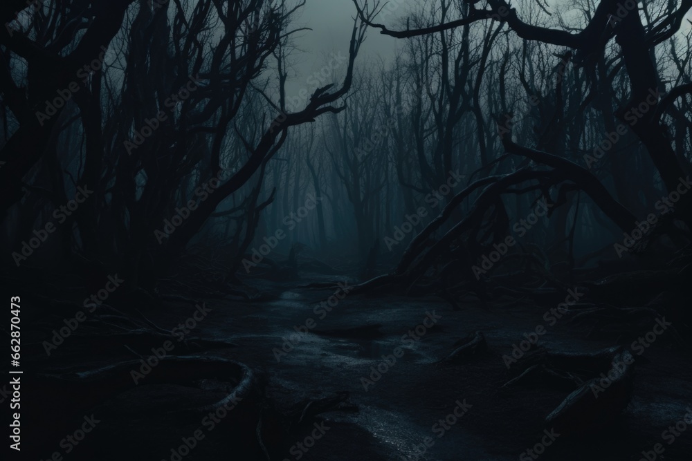 Poster A captivating image of a dark forest with an abundance of trees. Perfect for creating a mysterious and enchanting atmosphere. Ideal for use in fantasy, adventure, or nature-themed projects