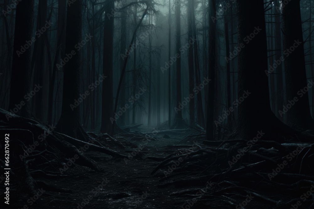 Poster A captivating image of a dark forest filled with numerous towering trees. 