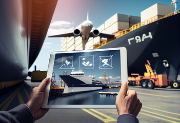 Transport and shipping business cargo concept. Air transport, container shipping by sea and trucks. Online distribution control. AI generated. - obrazy, fototapety, plakaty