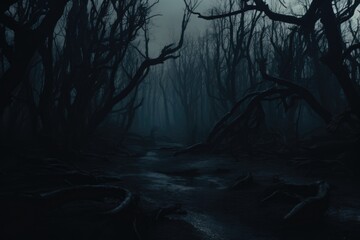 A captivating image of a dark forest with an abundance of trees. Perfect for creating a mysterious and enchanting atmosphere. Ideal for use in fantasy, adventure, or nature-themed projects