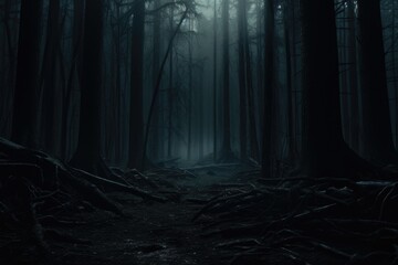 A captivating image of a dark forest filled with numerous towering trees. 