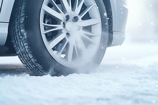 A detailed view of a tire on a snowy road. This image can be used to depict winter driving conditions and the importance of proper tire traction