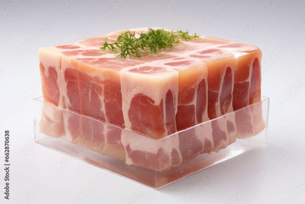 Poster a block of meat topped with a sprig of parsley. this versatile image can be used to showcase delicio