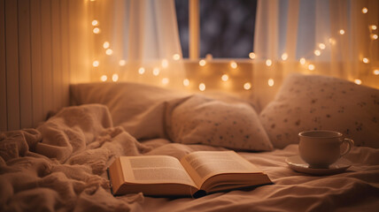 An open book on a bed in a cozy bedroom. In the background is a luminous garland. AI generated.