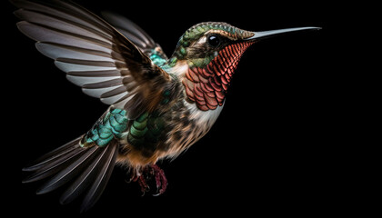 Hummingbird flying in mid air, spreading iridescent multi colored wings generated by AI