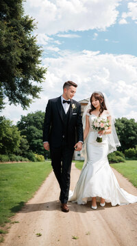 The bride and groom walk along the road holding hands. Generative AI