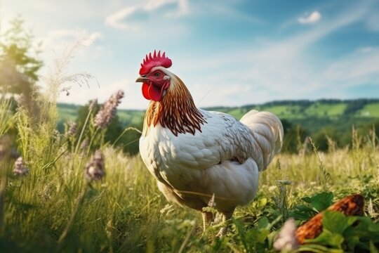 A picture of a chicken standing in a field of tall grass. This image can be used to depict rural landscapes, farm animals, or agricultural scenes