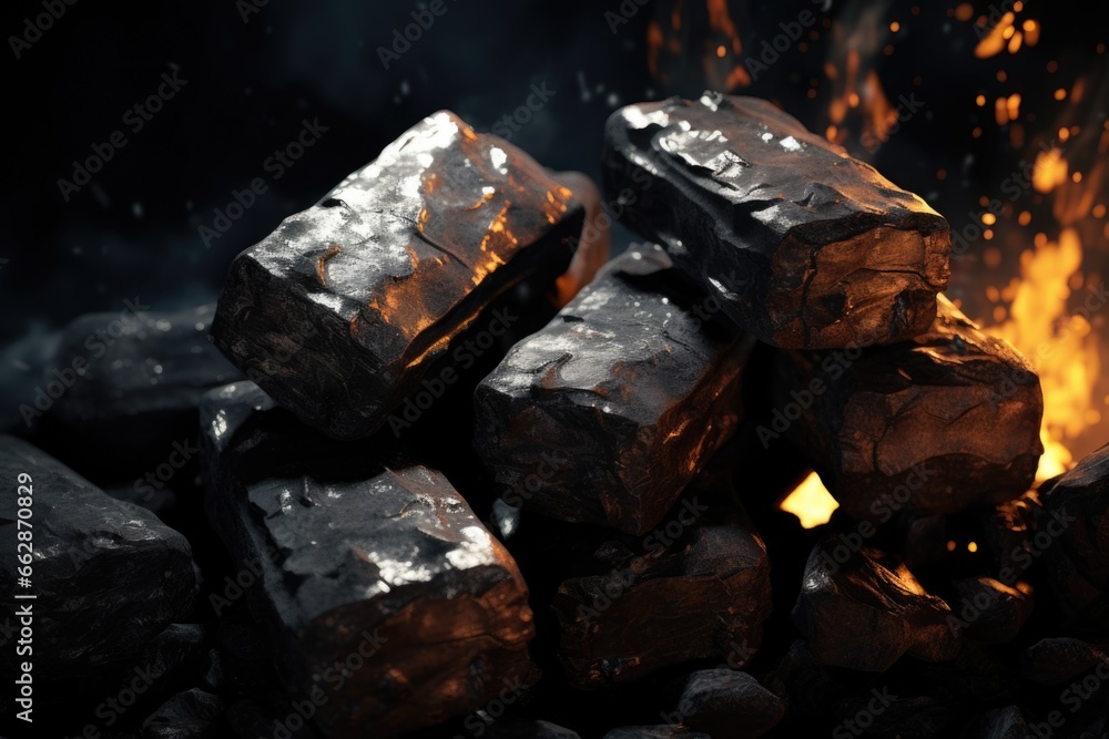 Poster a pile of coal sitting on top of a fire, creating a glowing and burning effect. this image can be us