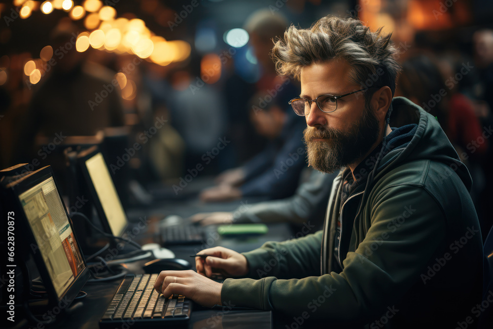Poster entrepreneurs working at computers with telephone. generative ai.
