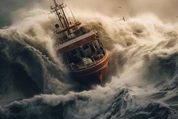 A boat bravely navigating through a massive wave. 