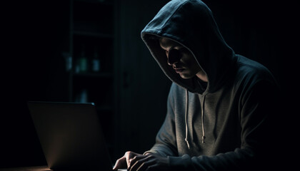 Hooded thief typing on laptop, surfing net in dark solitude generated by AI