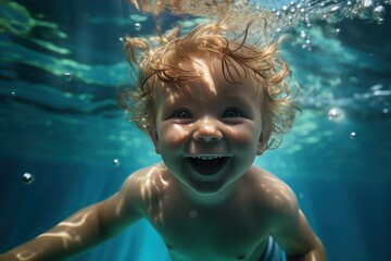 Fototapeta na wymiar young child swimming underwater in a pool, surrounded by playful air bubbles