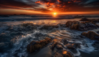 Obraz premium Tranquil seascape sunset over rocky coastline, beauty in nature reflection generated by AI