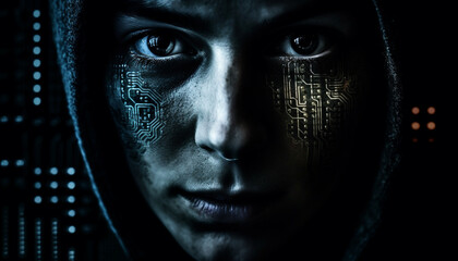 Futuristic cyborg hacker with glowing blue eyes cracks security system generated by AI