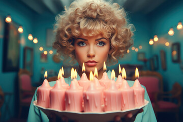 Creative image of young girl with stylish hairdo holding birthday cake with candles. Surrealism.  Generative Ai.