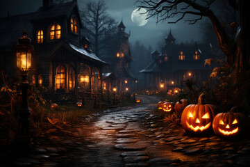 Fototapeta na wymiar Cozy Halloween Nights: Jack-o-Lanterns and Fairy Lights Set the Magical Mood. Generative Ai.