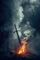 The Prince of Peace's Eternal Sword. A flaming sword stuck in the ground. Flames and smoke. Fantasy medieval blade. 