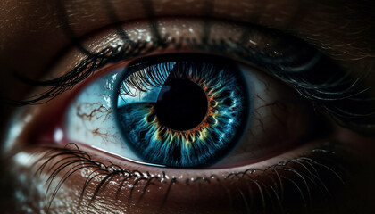 Blue eyed woman close up, staring at camera with selective focus generated by AI