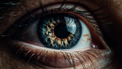 Close up of a Caucasian eye staring at camera, blue iris generated by AI