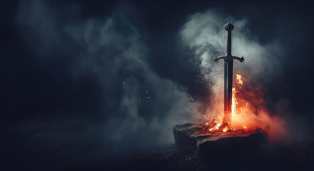 A flaming sword stuck in a stone. Flames and smoke. Fantasy medieval blade.  The Sword of the Spirit's Call.