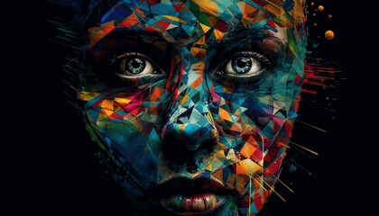 Vibrant colors illuminate abstract portrait of young adult with face paint generated by AI