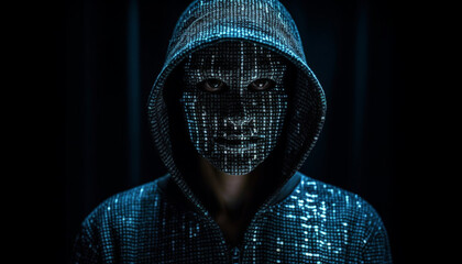 Dark hooded thief stares at camera in futuristic surveillance concept generated by AI